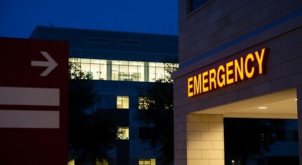 Fototapeta premium Illuminated emergency sign at a hospital entrance at night time