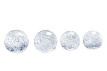 Ice Globes of Five Distinct Sizes Falling Dynamically in the Air on Transparent Background