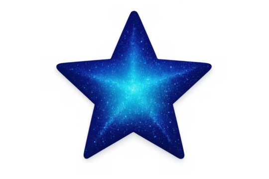 Blue cosmic star shape sparkling with glitter, forming a celestial symbol of success and quality on transparent background