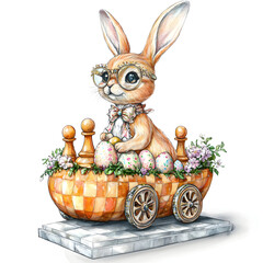 Cute rabbit playing chess while sitting on a colorful cart filled with decorated Easter eggs and flowers