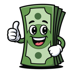 Cute cartoon money stack character giving thumbs up, smiling happy face, cheerful mascot made of green dollar bills, vector illustration, bright colors, clean outline, on white background.