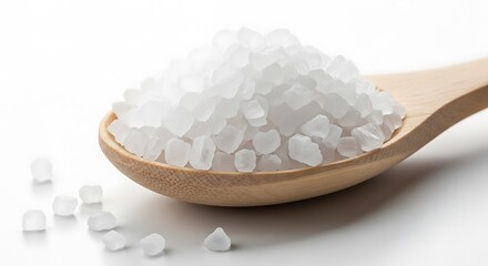Wooden spoon filled with coarse sea salt isolated on white background