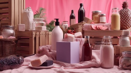 Soft pink spa and wellness products with towels, oils and decorative objects for beauty and relaxation