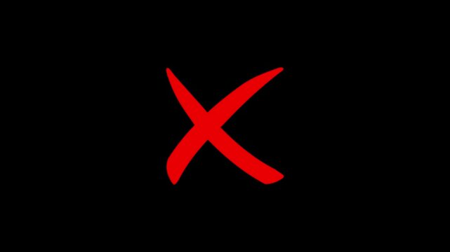 Red cross mark animation on black background, Error or cancel symbol animation, stop and not allowed sign chroma key background.