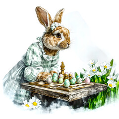 Charming Easter bunny dressed as a chess player pondering over colorful eggs on a sunny day in a garden setting