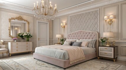 Luxurious bedroom sanctuary elegant design soft pink hues