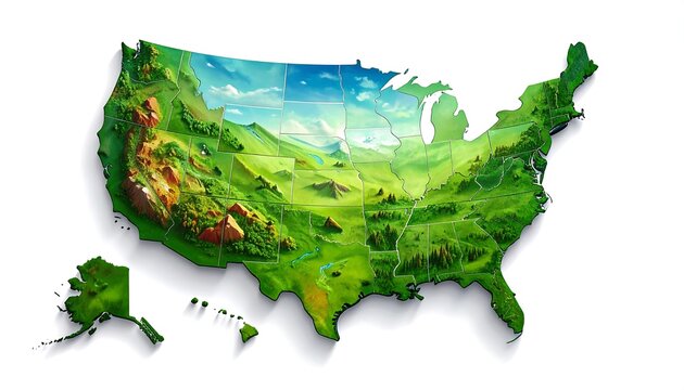 Detailed Topographic Map of the United States with Alaska and Hawaii.