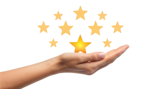 Hand holding glowing star, surrounded by other golden rating stars isolated on white background