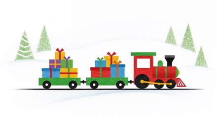 Colorful Christmas train carrying gifts through snowy landscape, child's drawing  