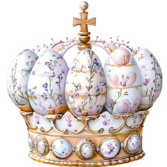 Golden royal crown with decorated Easter eggs featuring floral designs for festive celebrations and decorations
