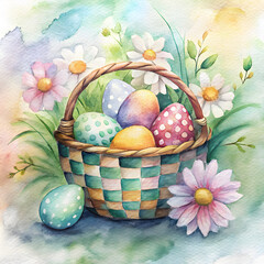 Colorful Easter basket with checkered pattern and decorative eggs surrounded by flowers and greenery