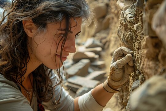 A dedicated archaeologist works diligently at an archaeological site, closely inspecting a portion of an ancient wall. Her focus reveals the details of historical material