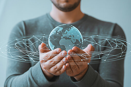 Global network connection technology concept man holding earth digital transformation innovation 99chr