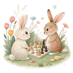 Cute Easter bunny couple playing chess in a colorful garden with flowers