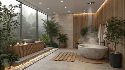 Serene spa sanctuary with natural elements and rainfall shower