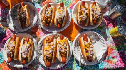 Delicious Hot Dogs Topped with Onions, Mustard, Relish, and Chili Served on Paper Plates at a Vibrant Outdoor Picnic Gathering