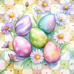 Cute pastel Easter eggs with flowers on a checkered background for a festive chess-themed celebration