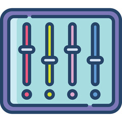 Audio Mixer Control Panel With Four Vertical Sliders In Blue And Purple Housing With Transparent Background Flat Design Style