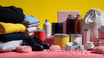 Casual wardrobe scene with folded clothes and skincare on yellow background for lifestyle display