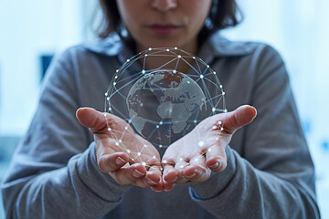 Global network connection technology concept woman holding digital earth in her hands worldwide data