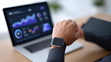 Focused professional man checking modern smartwatch for business data analysis. In background, laptop screen shows technology graph for financial performance