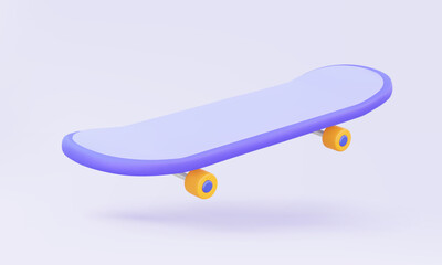 3D vector Purple skateboard icon on pastel background. Activity movement sport freestyle exercise outdoor concept. Fun hobby lifestyle. Minimal cartoon style illustration design