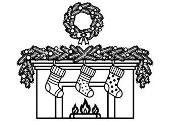 Christmas fireplace with hanging stockings, garland, and wreath. Black and white line art illustration for holiday decoration. Cozy home and festive tradition.