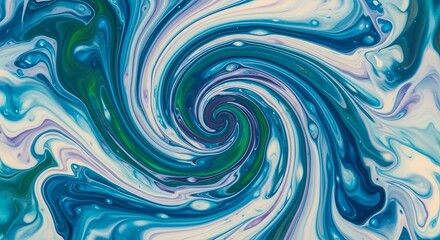 Cool blue and white abstract swirl with hints of green and purple, forming a tranquil yet dynamic vortex pattern