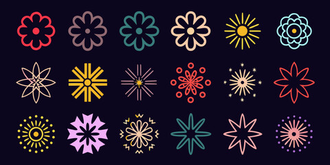 Collection of diverse abstract floral and starburst shapes in various colors on a dark background