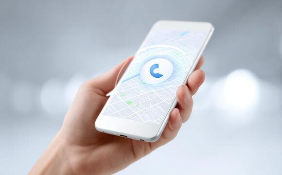 Close up of hand holding smartphone with navigation map application on screen, showing gps location for modern technology and travel direction concept