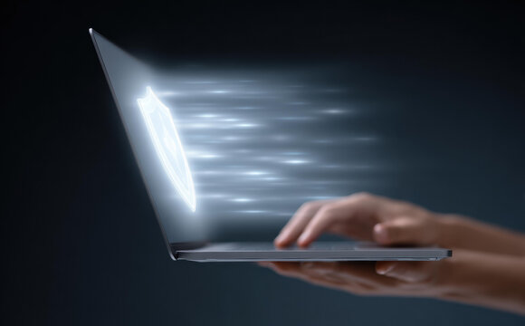 Person holding laptop with high speed data streaming from bright screen, showcasing fast internet network connection and modern digital technology for quick work
