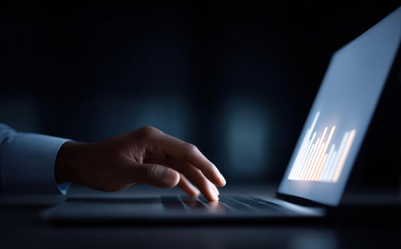 Focused businessman hand typing on laptop with glowing stock market chart on screen at night. close up on technology for financial data analysis and business - Powered by Adobe