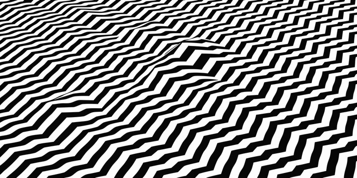 Abstract black and white zig zag pattern with a distorted wave effect creating a sense of depth and movement