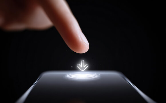 Close up finger touching futuristic glowing download icon on smartphone screen. person saving data with modern technology, showing connection and innovation on dark background - Powered by Adobe