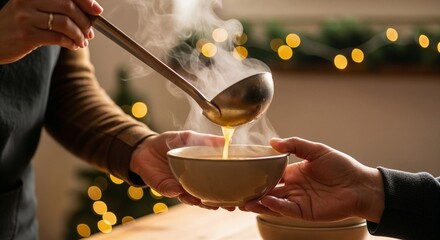 Volunteers feeding homeless people with hot food at Christmas, charity, close-up of volunteer hands