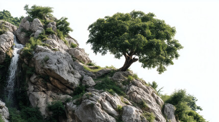 Stunning mountain landscape with cascading waterfall and single tree on rocky cliffside for travel adventure content