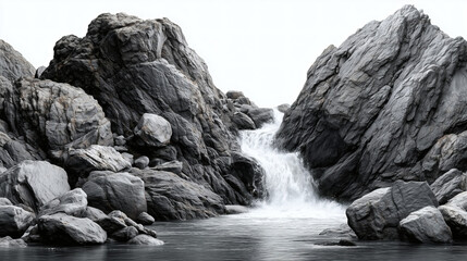 Stunning monochrome waterfall cascading through rugged rocks, evoking peace and tranquility in natural setting