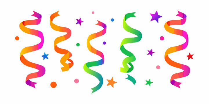 Colorful gradient streamers and stars floating on a white background for celebrations and parties