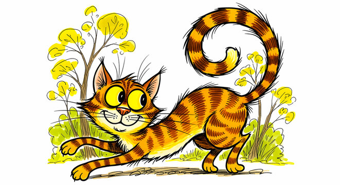 Orange striped cartoon cat stretches playfully, a wide smile and happy eyes radiating joy, surrounded by whimsical yellow trees and green grass illustration