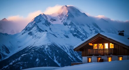 Cozy cabin glows against the backdrop of snowcovered mountains at twilight