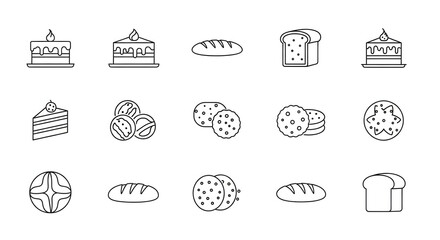 Baked Delights:A collection of artistic baked goods icons, perfect for food-related projects, blogs, and culinary ventures. Showcasing an array of items with simple, clean lines.