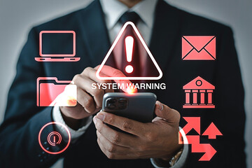 System warning on mobile phone security threat cyber attack data breach alert malware detected danger notification