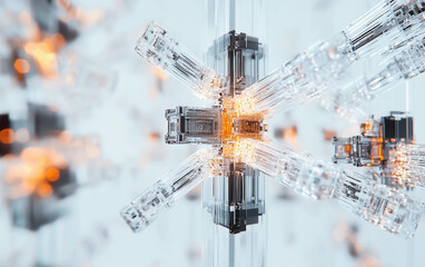 3D digital artwork of luminous wires forming an intricate hub symbolizing cyber systems, technological infrastructure, and advanced communication isolated on transparent background PNG