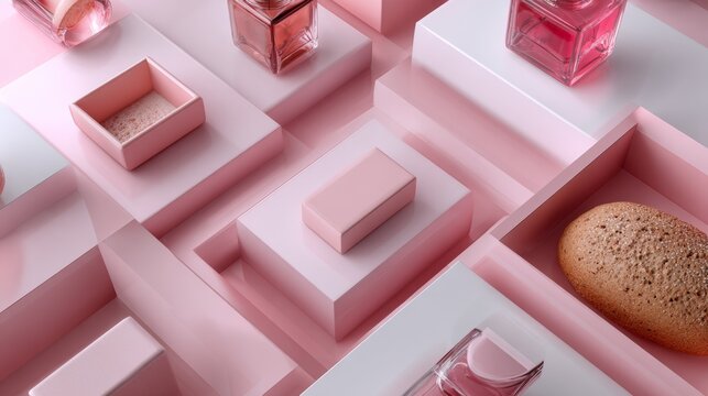 Isometric abstract composition with geometric blocks, packages and bread