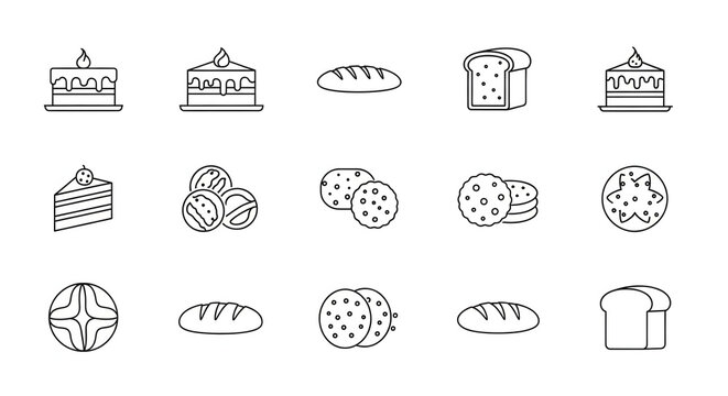 Baked Delights:A collection of artistic baked goods icons, perfect for food-related projects, blogs, and culinary ventures. Showcasing an array of items with simple, clean lines.