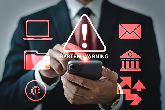 System warning on mobile phone security threat cyber attack data breach alert malware detected danger notification
