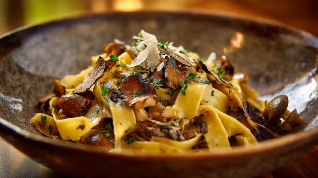 Gourmet tagliatelle pasta with wild mushrooms and shaved black truffles, topped with parmesan cheese and herbs, served in a rustic bowl for a fine dining experience.

