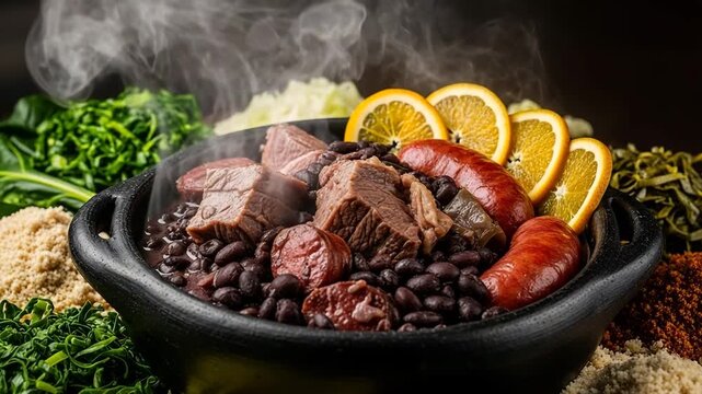 Steaming hot Brazilian feijoada in a traditional black clay pot, a close-up showing meats and sausage, garnished with orange slices and surrounded by classic side dishes.

