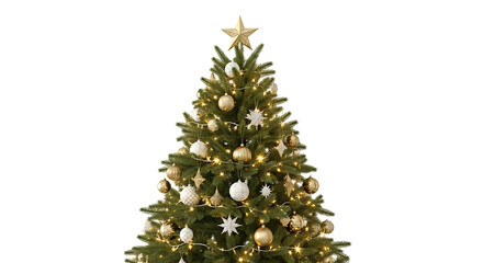Beautifully decorated christmas tree with golden ornaments and star topper against a black background
