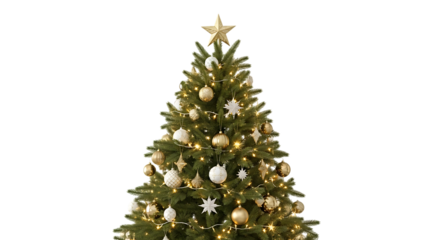 Beautifully decorated christmas tree with golden ornaments and star topper against a black background